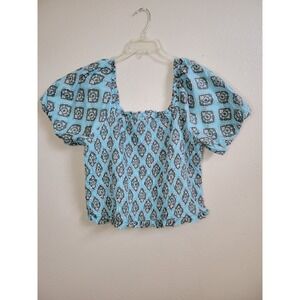 Maurices Womens‎ Medallion Cotton Smocked Puff Sleeve Shirt Top Teal 2X